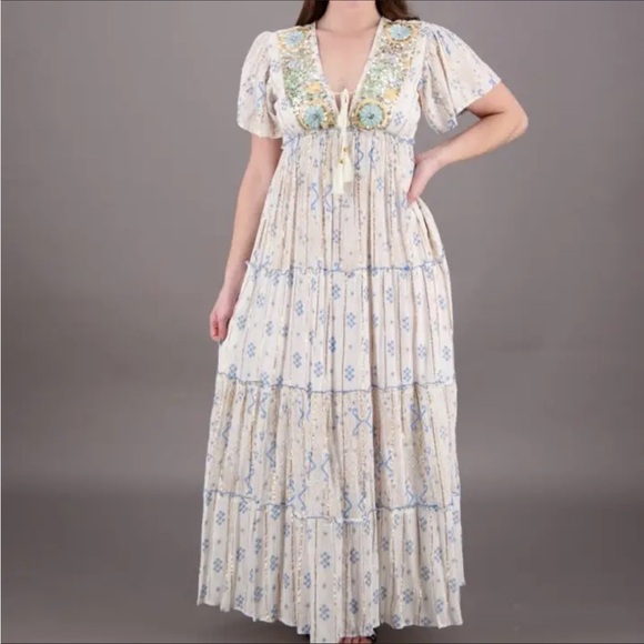 Dresses & Skirts - Boho Blue Gold Orange Metallic Sequin V Neck Tassel Made in India Tiered Dress